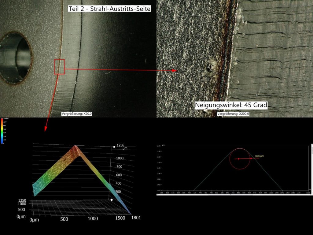 unbearbeitetes Laserteil - die Strahlaustrittsseite weist einen Radius von 37µm auf, ist also sehr scharfkantig